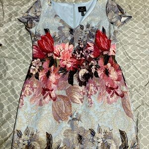 Adrianna Papell multicolored floral print gold accent spilt hem dress